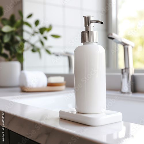 Soap bottle in blank white color, on the bath room