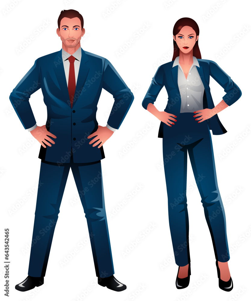 Well dressed businessman and businesswoman standing proudly with hands on hips. Representation of authority, determination, strong business persona, professionalism, and leadership Well dressed businessman and businesswoman standing proudly with hands on hips. Representation of authority, determination, strong business persona, professionalism, and leadership