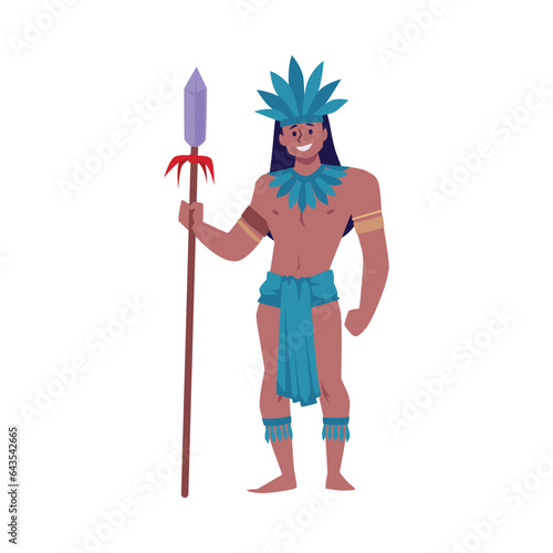 Smiling man with long hair in traditional Maya civilization costume with feathers