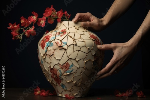 Hand holding a beautiful old broken flower vase isolated on a dark background. Generative AI