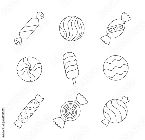 Sweet candies. Coloring Page. Lollipop, sugar caramel in wrapper, gums, striped bonbons and bubblegums. Vector drawing. Collection of design elements.