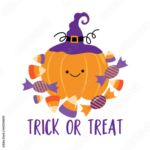 Trick or treat - cute pumpkin in witch hat and with candies. Good for baby clothes, poster, card, label, and other decoration for Halloween.