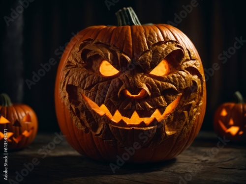 Smiling Anthropomorphic Face and Illuminated Jack-O-Lantern in Night-Time Autumn Celebration