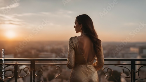 Successful woman standing on luxury balcony, back view of rich female silhouette at sunset 