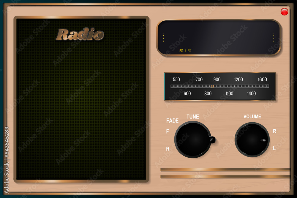 Realistic Radio Illustration Close up. Radio mesh speaker with modern digital display. AM FM tuner and volume knob. Wood texture with bronze metallic edge. Vector Illustration. Realistic Radio Illustration Close up. Radio mesh speaker with modern digital display. AM FM tuner and volume knob. Wood texture with bronze metallic edge. Vector Illustration.