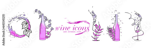 Wine icons for wine events. Hand drawn elements for invitation cards, advertising banner and menu cards. Splashing wine. Sketch vector illustration. 