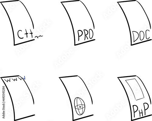 Curled icons in the form of papers or
smartphone screens. Inside there are icons for the programmer and documentary elements.