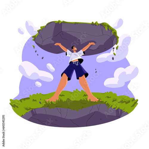 Man with super power in dream concept. Boy sleep, lifted a huge stone in imagination. Powerful strong people in fantastic world, dreamscape. Flat isolated vector illustration on white background