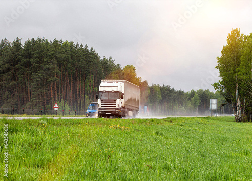 A truck with a semi-trailer transports cargo in the summer on a motorway in rainy weather. Copy space for text photo