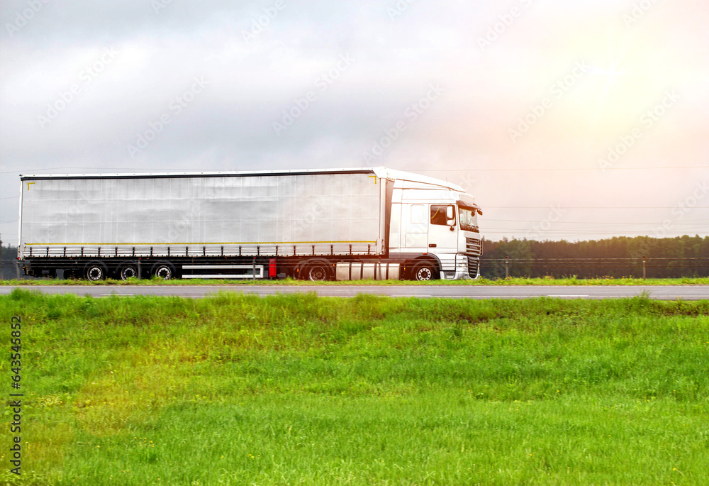 A truck with a semi-trailer transports cargo in the summer on a motorway in rainy weather. Copy space for text A truck with a semi-trailer transports cargo in the summer on a motorway in rainy weather. Copy space for text