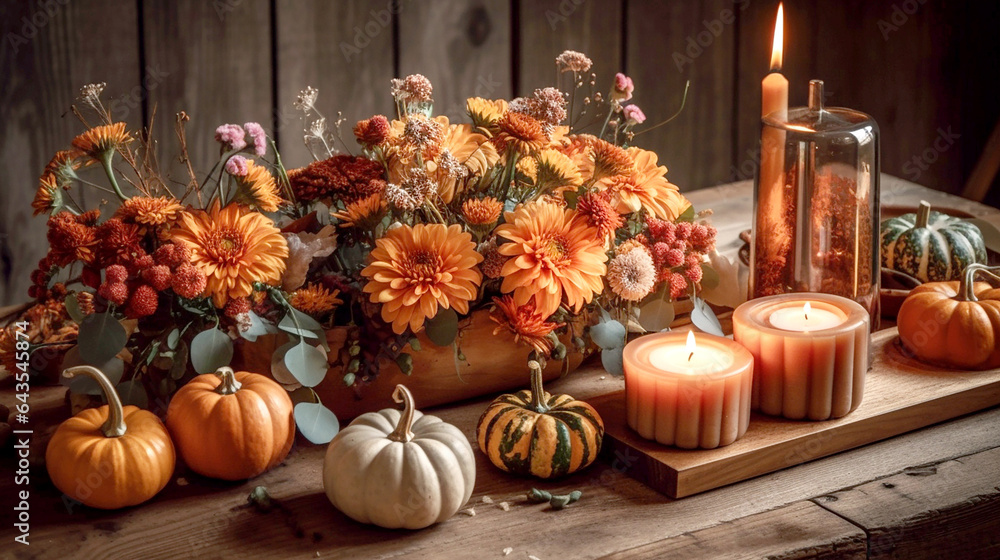 seasonal wood table with pumpkins and flowers