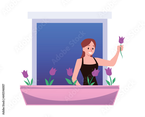 Young woman in open house window, neighbourhood cartoon character female holds out flower from pot vector illustration