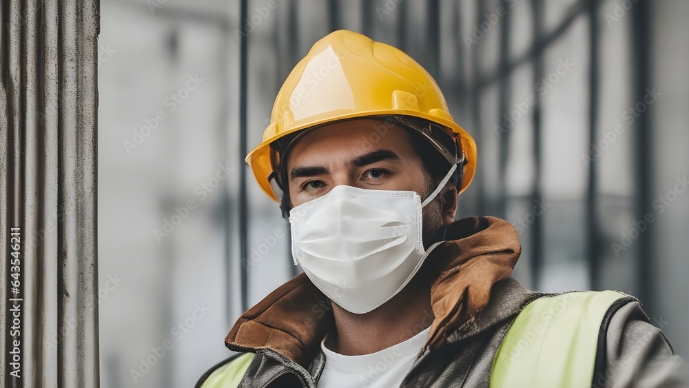 A construction worker wearing mask at construction site A construction worker wearing mask at construction site