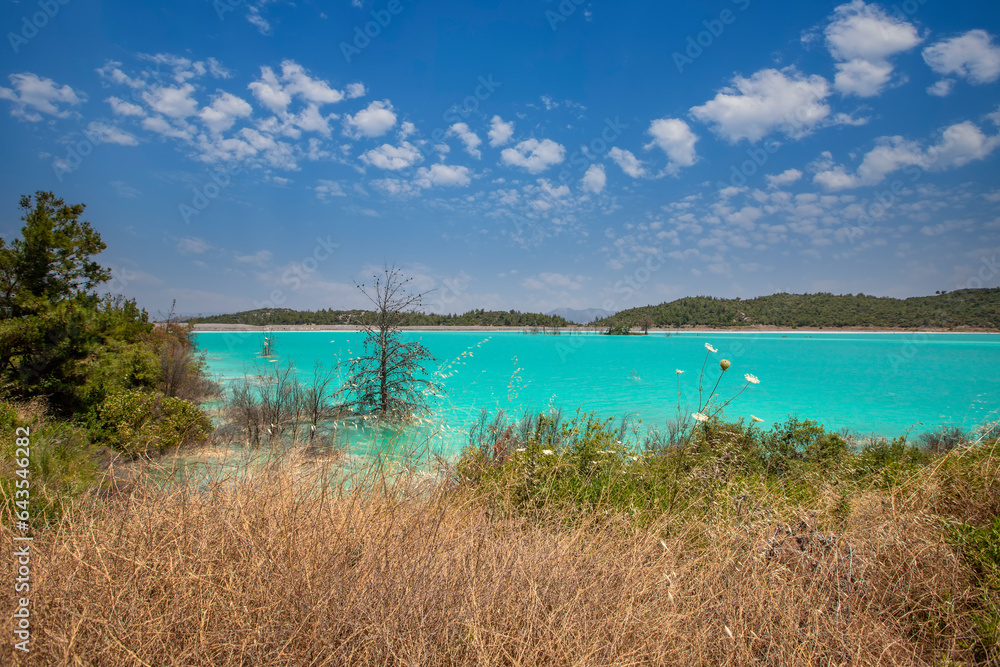 Blue pond (Ash pond) consisting of burned coal ashes in the thermal power plant in the Yatagan district of Mugla province Blue pond (Ash pond) consisting of burned coal ashes in the thermal power plant in the Yatagan district of Mugla province