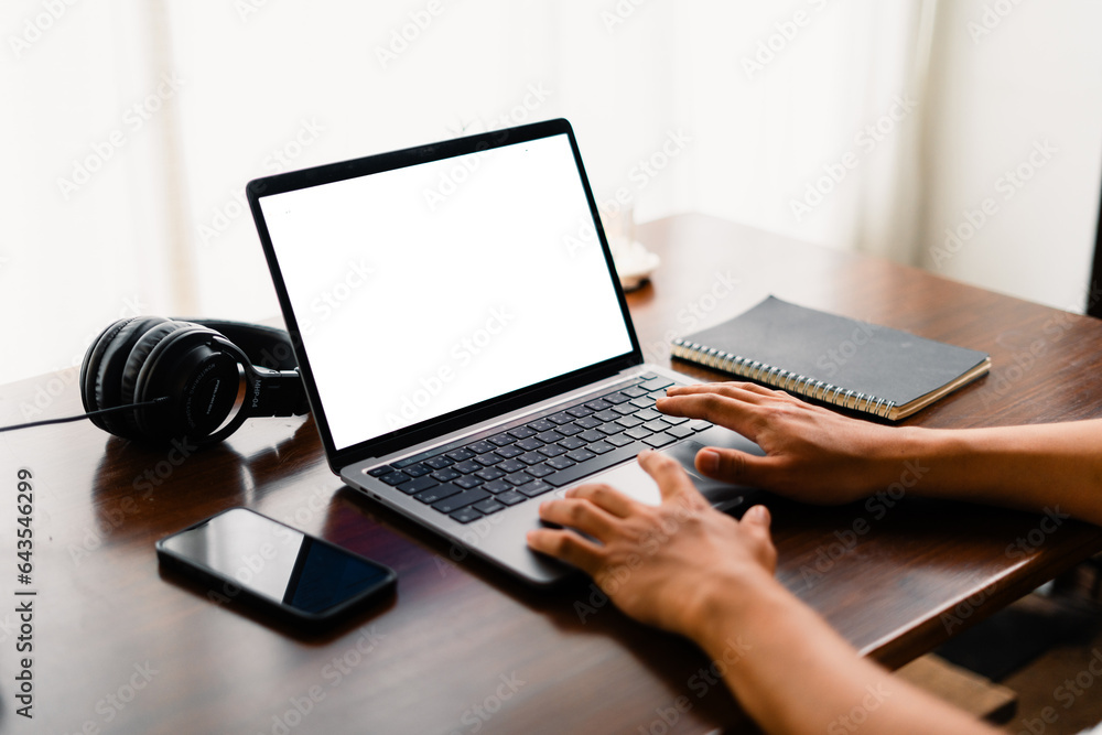 Hands working on laptop computer and internet ,blank screen Hands working on laptop computer and internet ,blank screen
