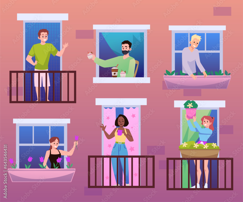 Building facade with people looking out open windows and standing on balconies flat style Building facade with people looking out open windows and standing on balconies flat style