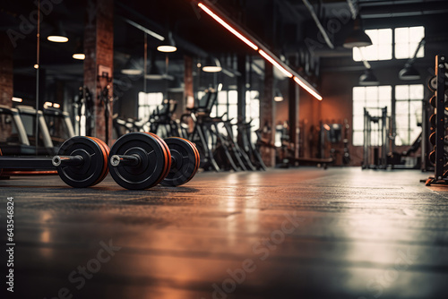Gym Equipmend Dumbells in a Gym - Fitness Space, Soft Focus Blurry Background - AI Generated