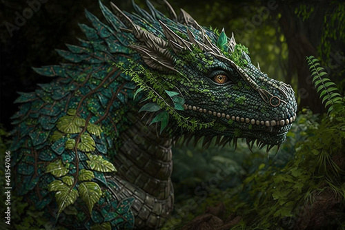 Ancient forest dragon covered with green plants generative ai © Tohamina