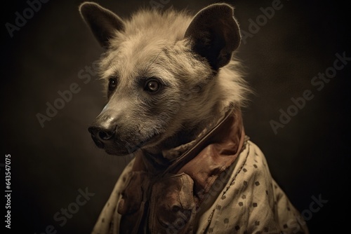 Studio photo portrait of hyena dressed in 19th century