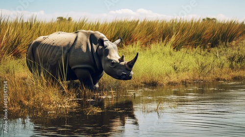 Wild rhino with horns  an adult  feeding in the daylight on a lush meadow next to a tranquil river.