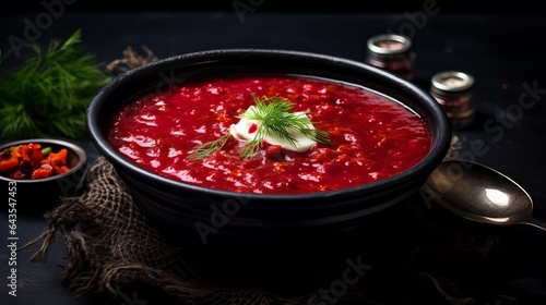 High angle of borscht, a traditional Ukrainian beetroot soup without meat, served on a black plate with a spoon against a dark background.