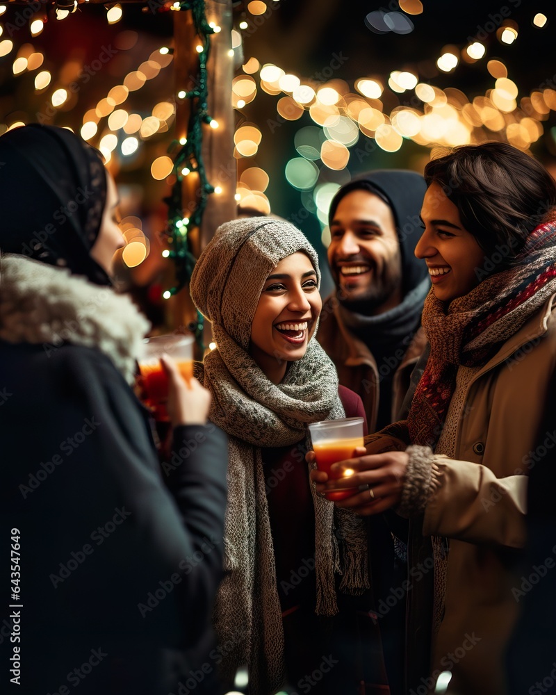 Festive Arab Friends Enjoying Christmas Market. Generative ai