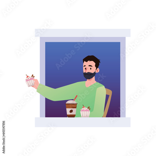 Young bearded man in open house window, vector neighbourhood cartoon male character holds out cake, enjoys cup of coffee