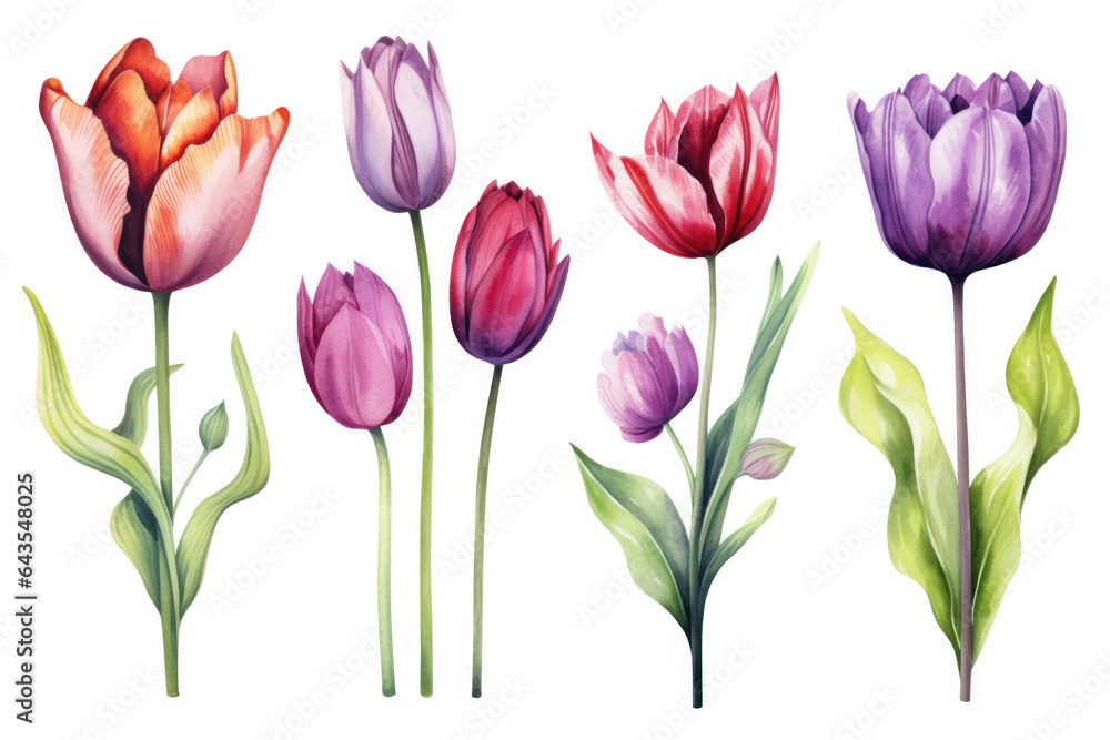 Watercolor image of a set of tulip flowers on a white background - obrazy, fototapety, plakaty 