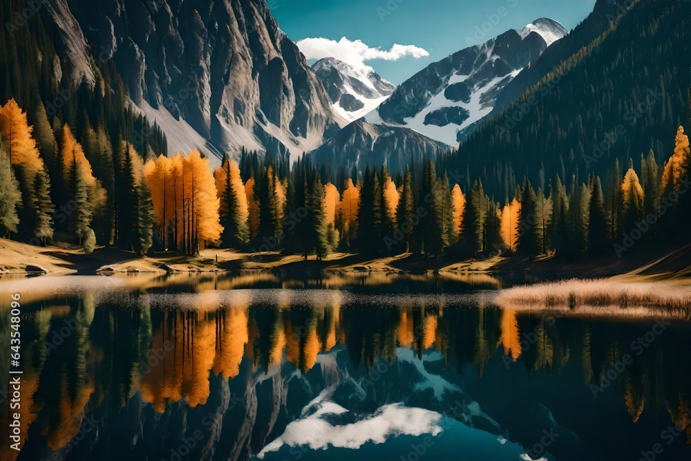 A serene mountain landscape with a reflective lake, surrounded by picturesque mountains and trees, illustrating nature's serene beauty. High quality photo 