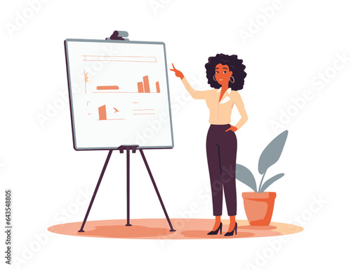 Business woman presenting on flipchart. Vector illustration in flat cartoon style.