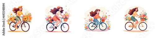 Beautiful young woman riding a bicycle with flowers. Vector illustration.