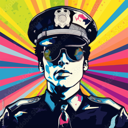 Vector pop-art illustration of a male police officer in a cap and glasses.