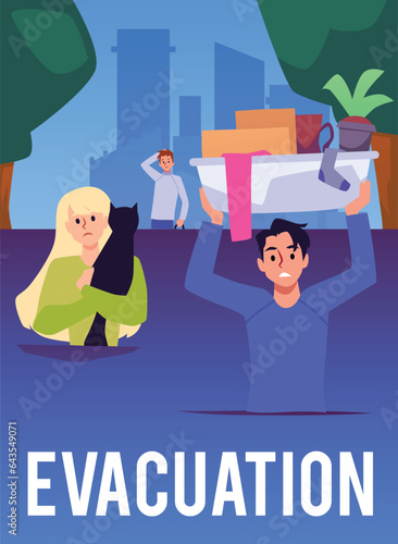 Emergency evacuation victims of flood disaster, people rescue from storm cat things, vector surviving affected need help