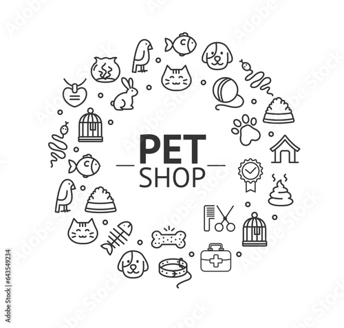 Animal Pet Shop Supplies Round Design Template Thin Line Icon Concept Food, Accessories, Care Items and Toys.. Vector illustration