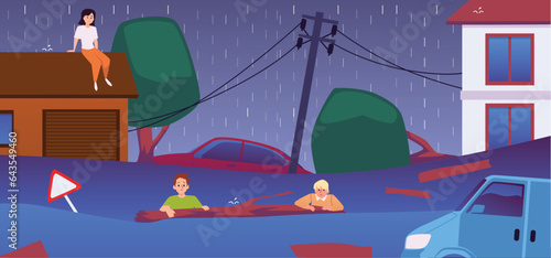 Desperate surviving affected people in flood disaster, vector children, car floating in the water on flooded city street