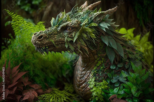 Ancient forest dragon covered with green plants generative ai © Tohamina