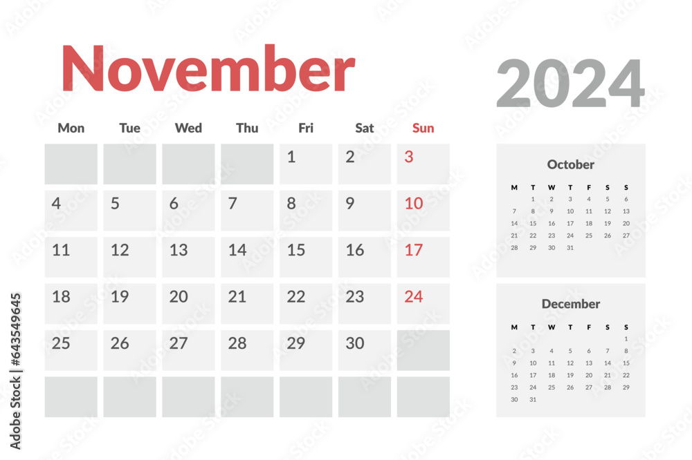 Calendar Template of november 2024. Vector layout simple calendar with week start Monday. Calendar Template of november 2024. Vector layout simple calendar with week start Monday.