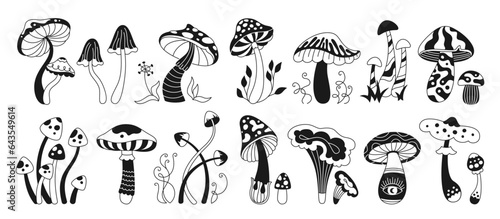 Fototapeta Naklejka Na Ścianę i Meble -  Mushrooms stylizes hippie engraving set. Mystical boho magic poisonous and edible doodle tattoo mushrooms. Organic line poisonous psychedelic fungus 70s and 80s style. Glyph sketch vector collection
