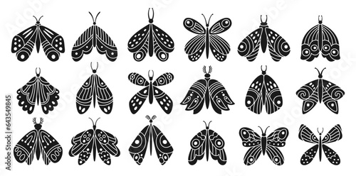 Butterfly or moth mystical doodle boho stamp set. Retro bohemian insects with ethnic decoration ornament wings. Fantasy celestial ornate moth, flying magic insects butterfly stencil print or tattoo