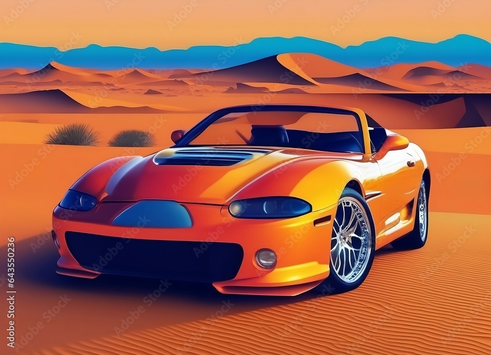 sport car in the desert, vibrant sport car in the desert, vibrant
