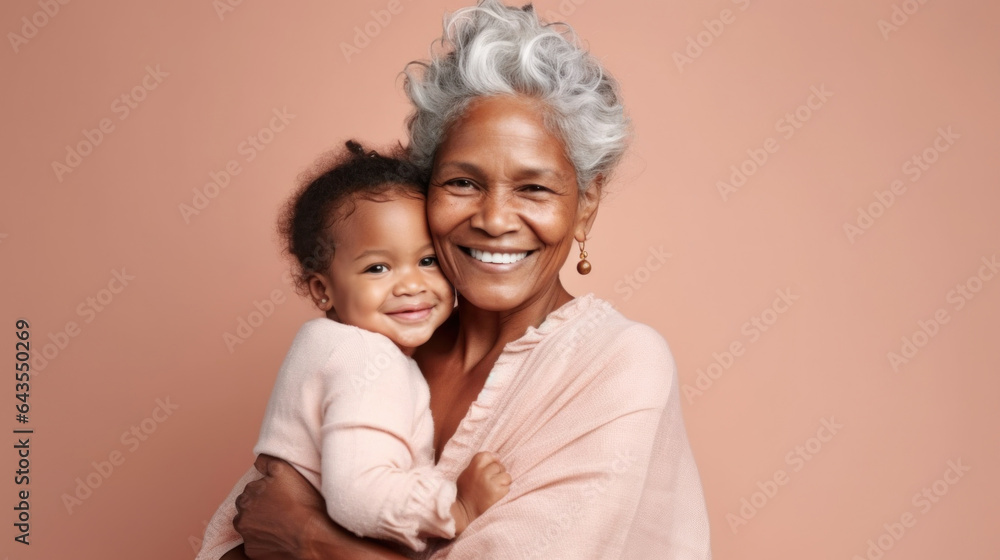 Senior woman and grandkid share a joyful moment in a studio setting. Generative AI Senior woman and grandkid share a joyful moment in a studio setting. Generative AI