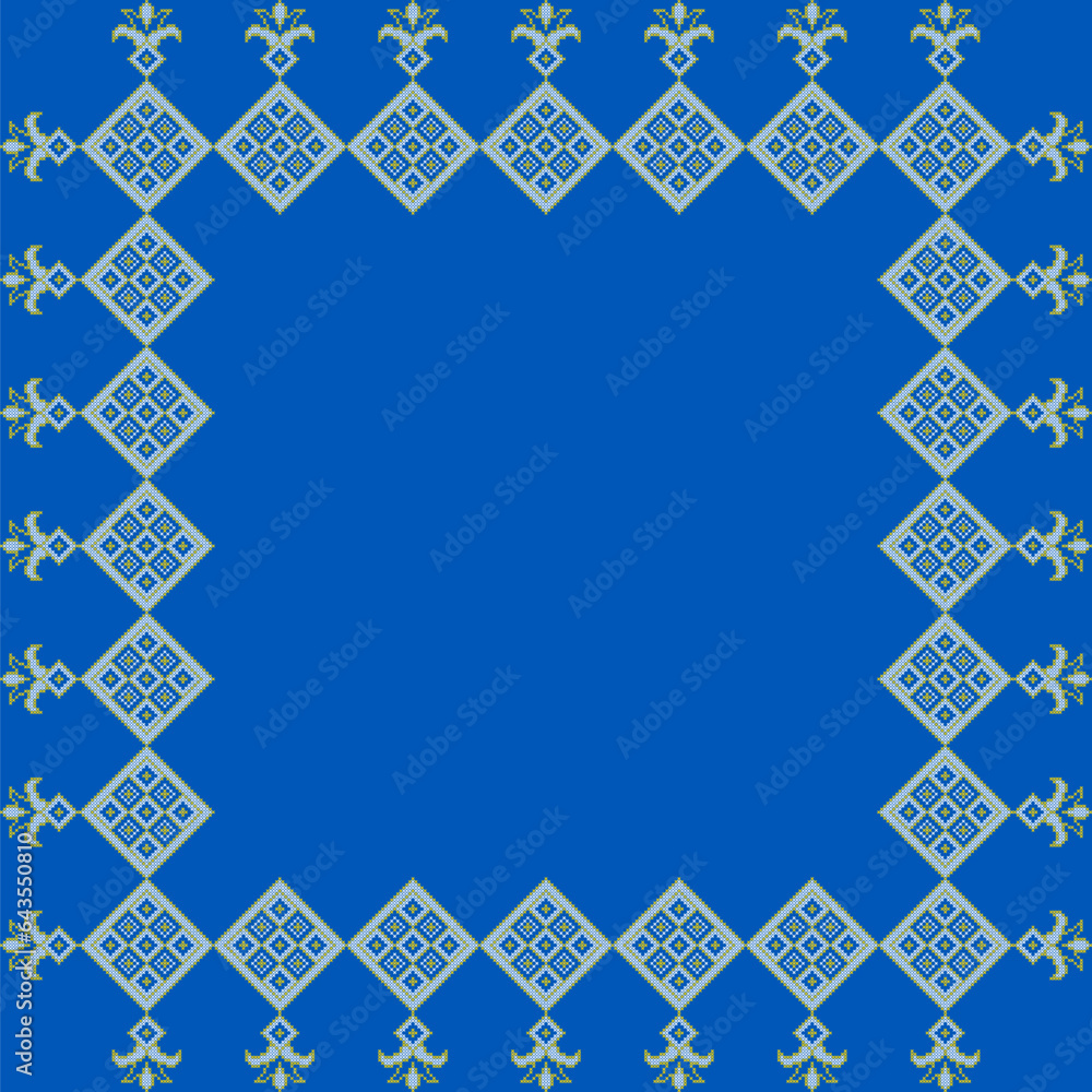 Obraz premium Vector illustration of Ukrainian ornament in ethnic style, identity, vyshyvanka, embroidery for print clothes, websites, banners. Background. Geometric design, border, copy space, frame