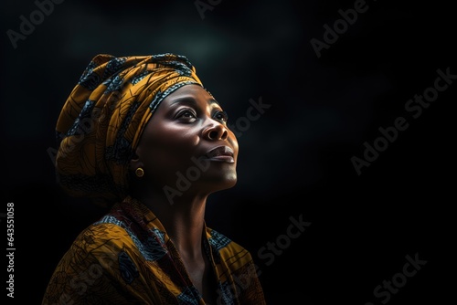 African Woman Watching A Movie On Black Background. Сoncept African Women In Film, Representation Visibility, Moviewatching Habits, Black Backgrounds In Cinematography