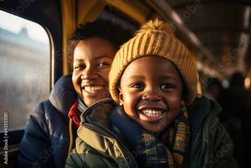 African Mother And Son Jump In A Gold Puffer On On A Train. Сoncept African Heritage, Motherson Bonding, Train Adventures, Gold Puffer Fashion