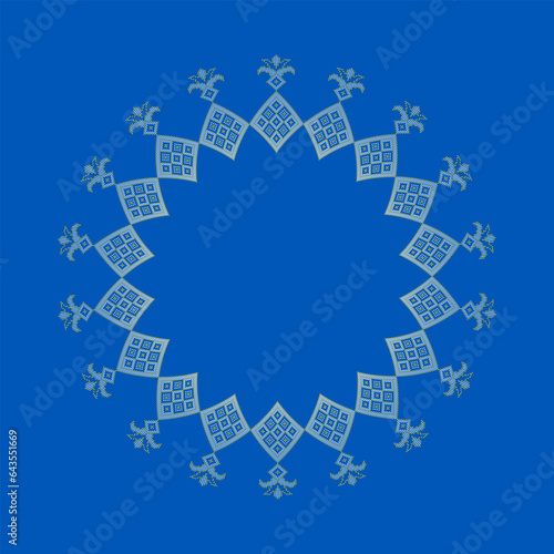 Vector illustration of Ukrainian ornament in ethnic style, identity, vyshyvanka, embroidery for print clothes, websites, banners. Background. Geometric design, border, copy space, frame