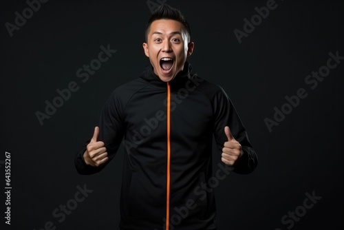 Surprise Asian Man Stand In A Tracksuits On Black Background