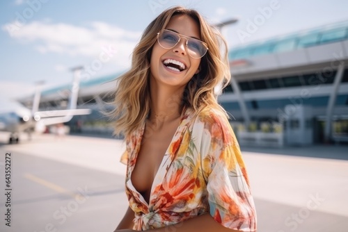Surprise Woman Run In A Beachwear On At The Airport. Сoncept Surprise Woman Run, Airport Security, Beachwear Etiquette, Travel Comfort © Ян Заболотний