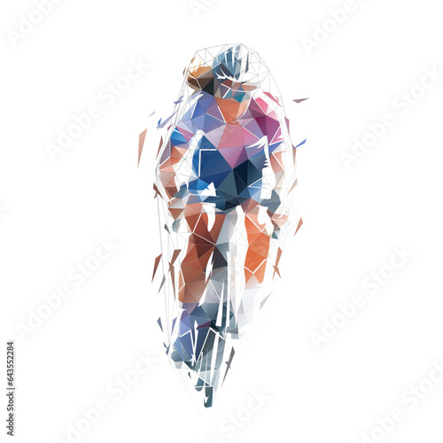 Road cycling, female cyclist, front view low polygonal isolated vector illustration. Active woman