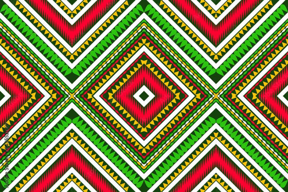 Seamless design pattern, traditional geometric flower zigzag pattern Christmas green yellow white orange red vector illustration design, abstract fabric pattern, aztec style for print textiles 