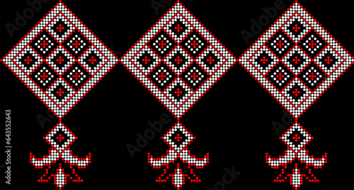 Vector illustration of Ukrainian ornament in ethnic style, identity, vyshyvanka, embroidery for print clothes, websites, banners. Background. Geometric design, border, copy space, frame